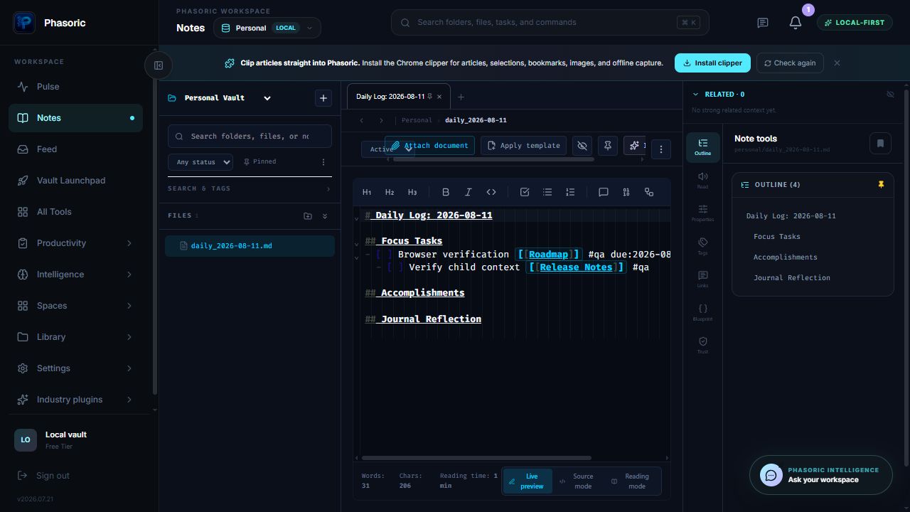 Phasoric local workspace showing Phasoric vs Logseq